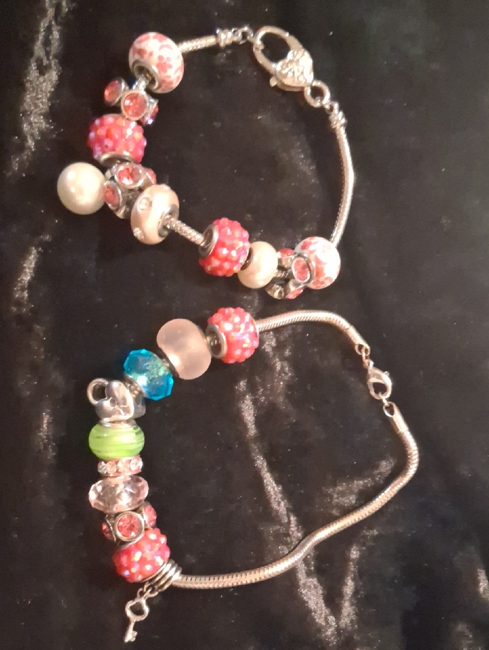 Trollbeads Silver Pink & Beaded Charm Snake Chain Bracelet Sz 8 & Anklet 10.5 In
